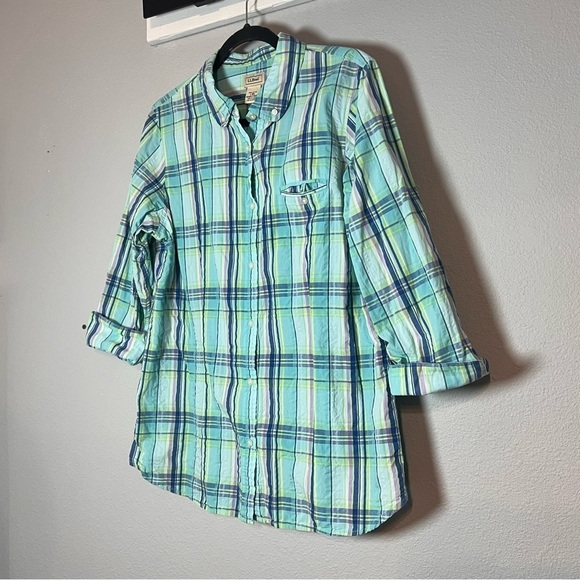 L.L. Bean Tops - L.L. Bean Button Up Front Shirt Blouse Cotton Blue Green Plaid Size Large